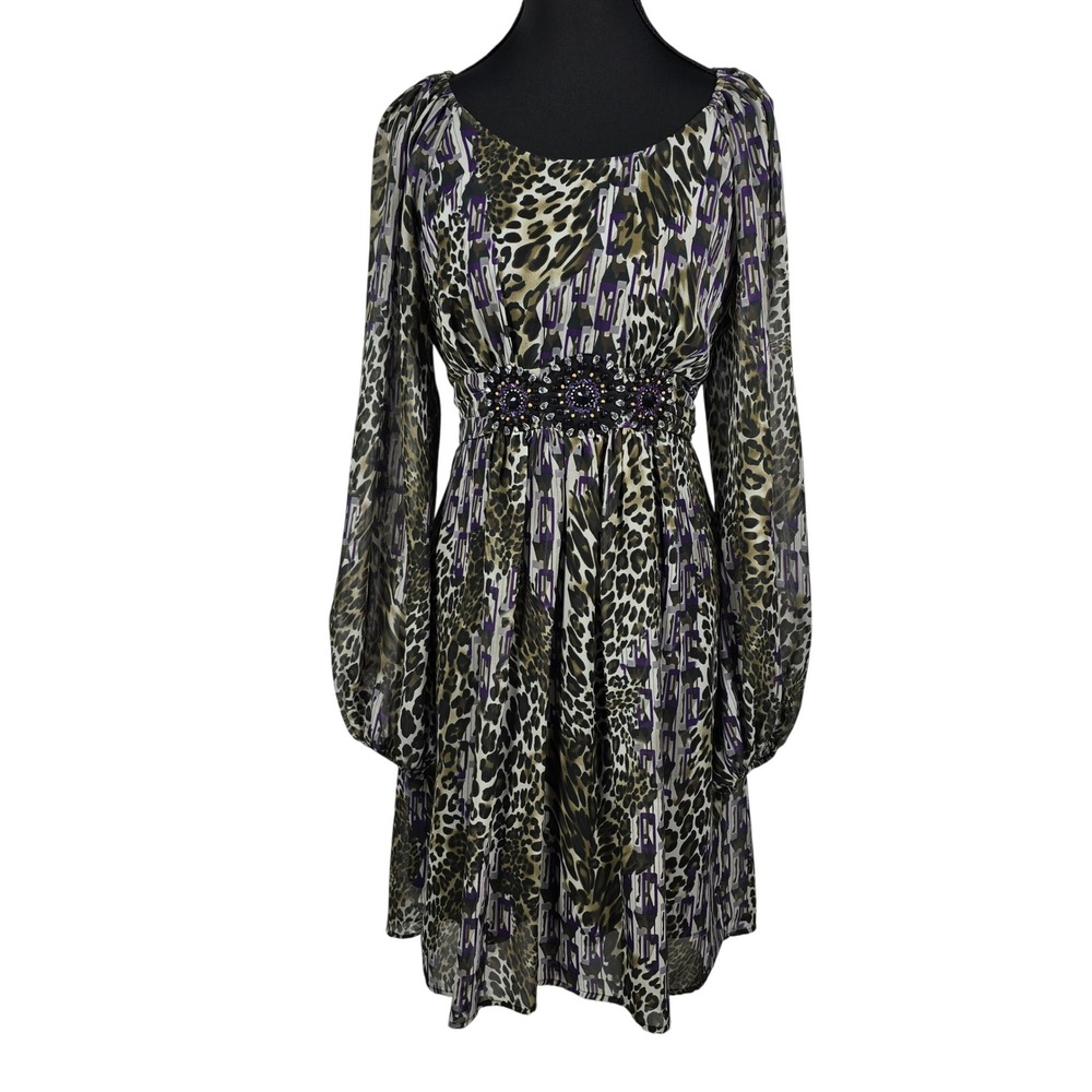 VTG iCE  Empire Waist Dress Women Size 10 Leopard Print Beaded Purple Whimsygoth